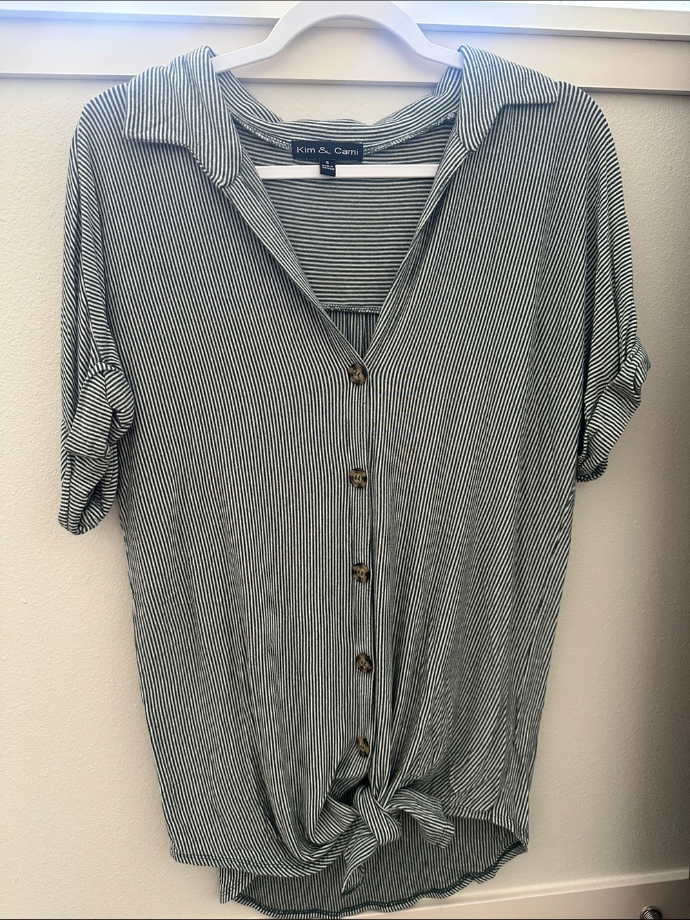Kim & Cami Green and White Vertical Stripe Button-Front Tie Shirt